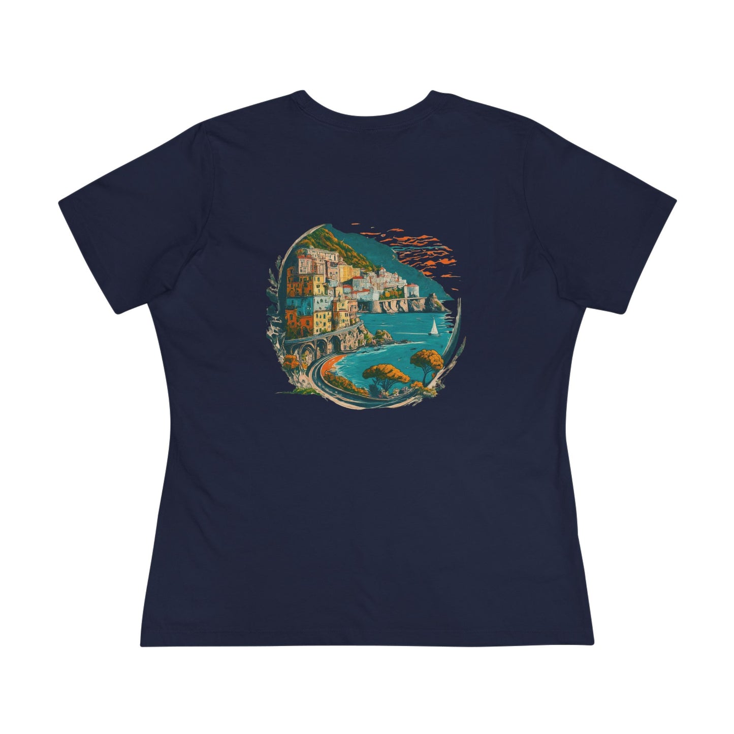 Navy blue t-shirt with a colorful graphic of a coastal town on a white background