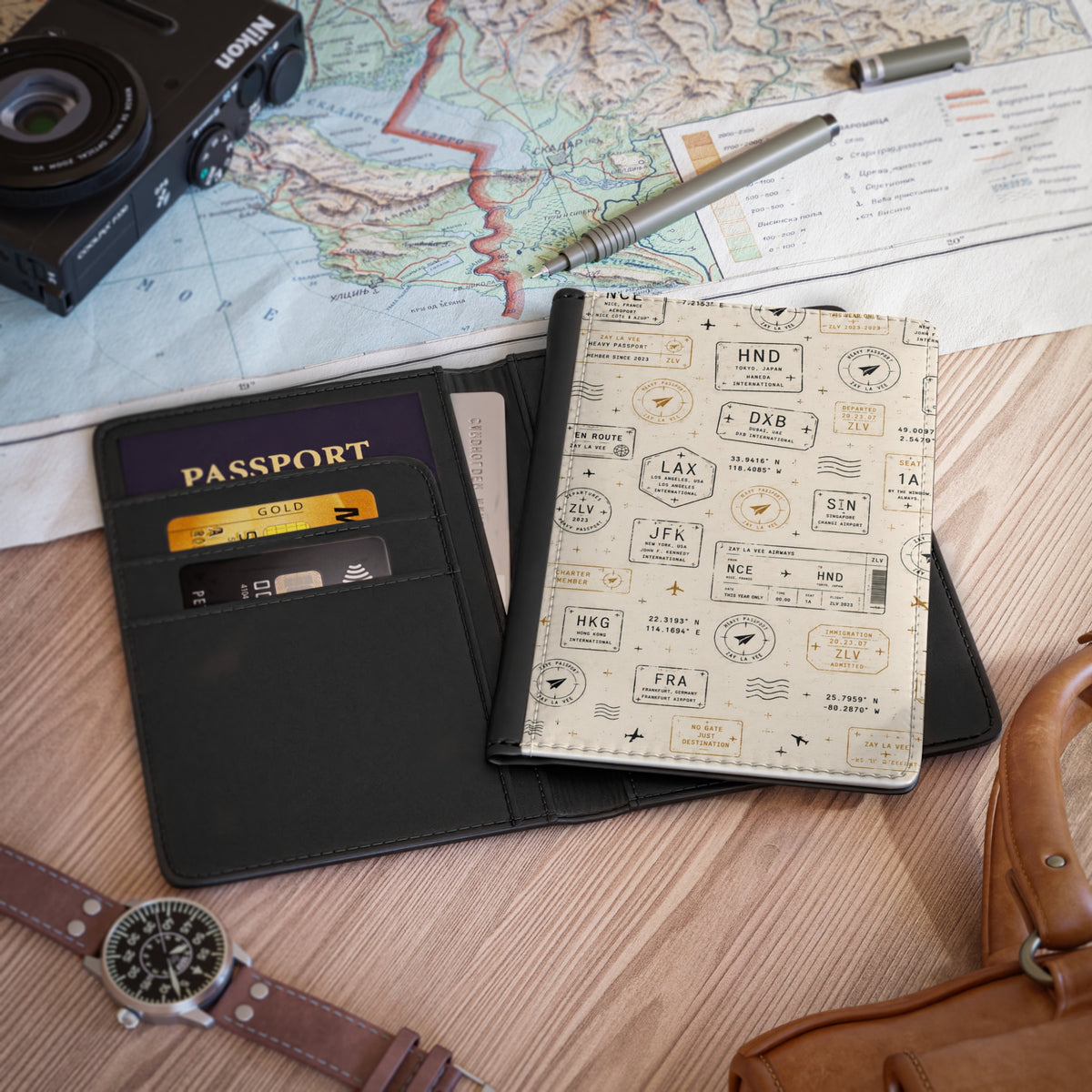 Passport cover, vintage stamp print detail