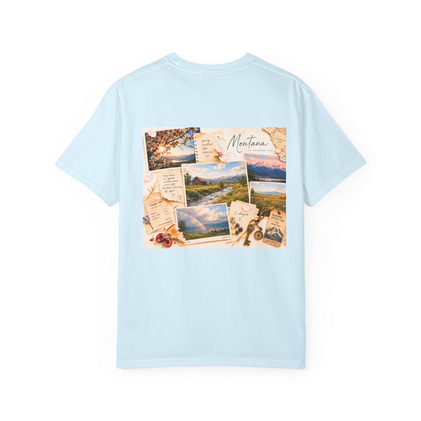 Montana travel collage travel graphic t-shirt, full garment view