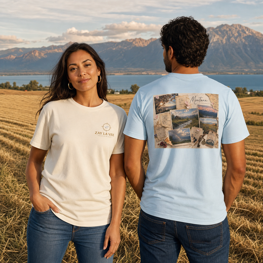 Simply Montana travel tee with a collage of Flathead Lake, the Mission Mountains, and Glacier National Park