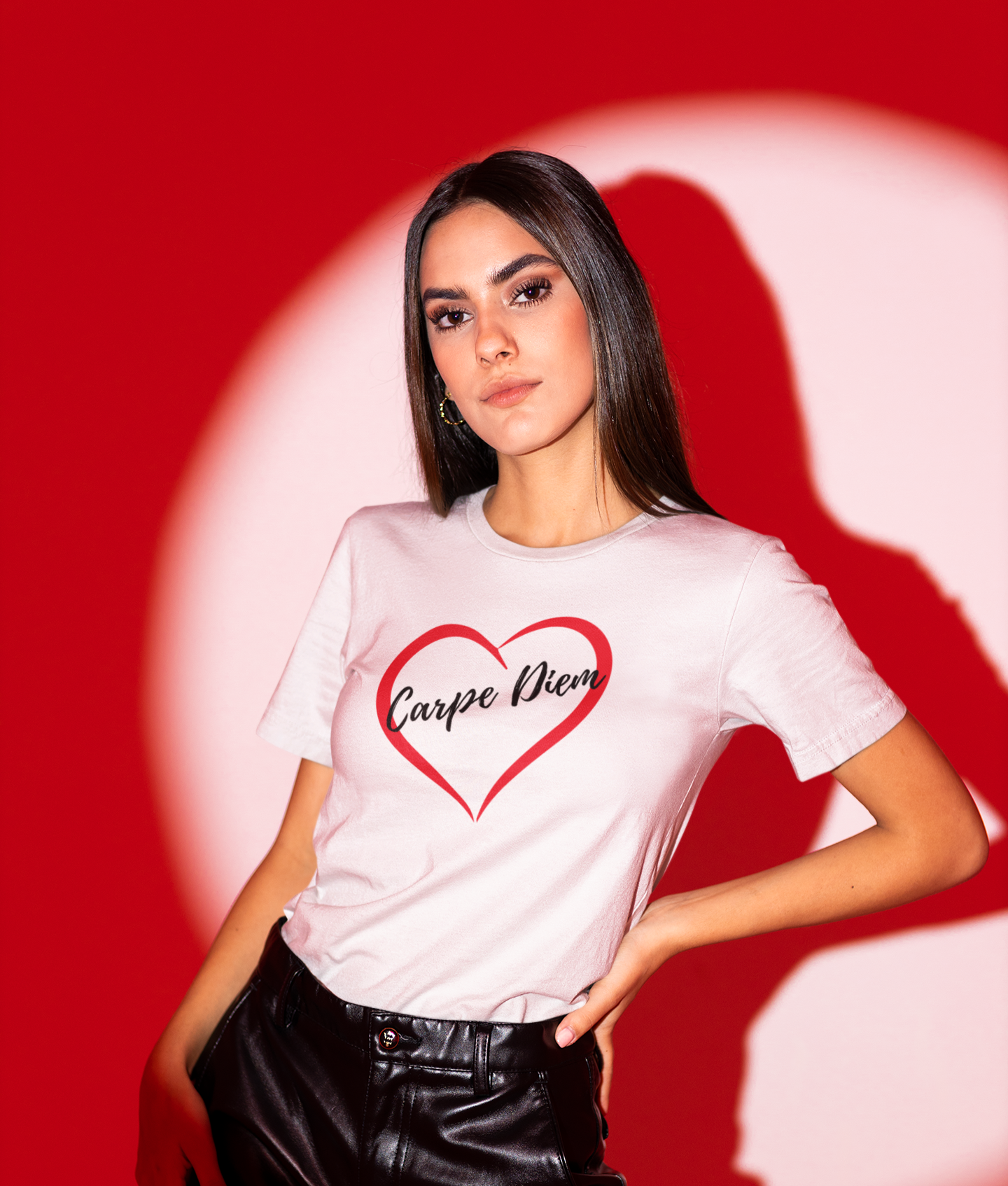 t-shirt-with-a red-heart- that says-carpe-diem-worn-by-fashionable-woman-posing-in-a-spotlight