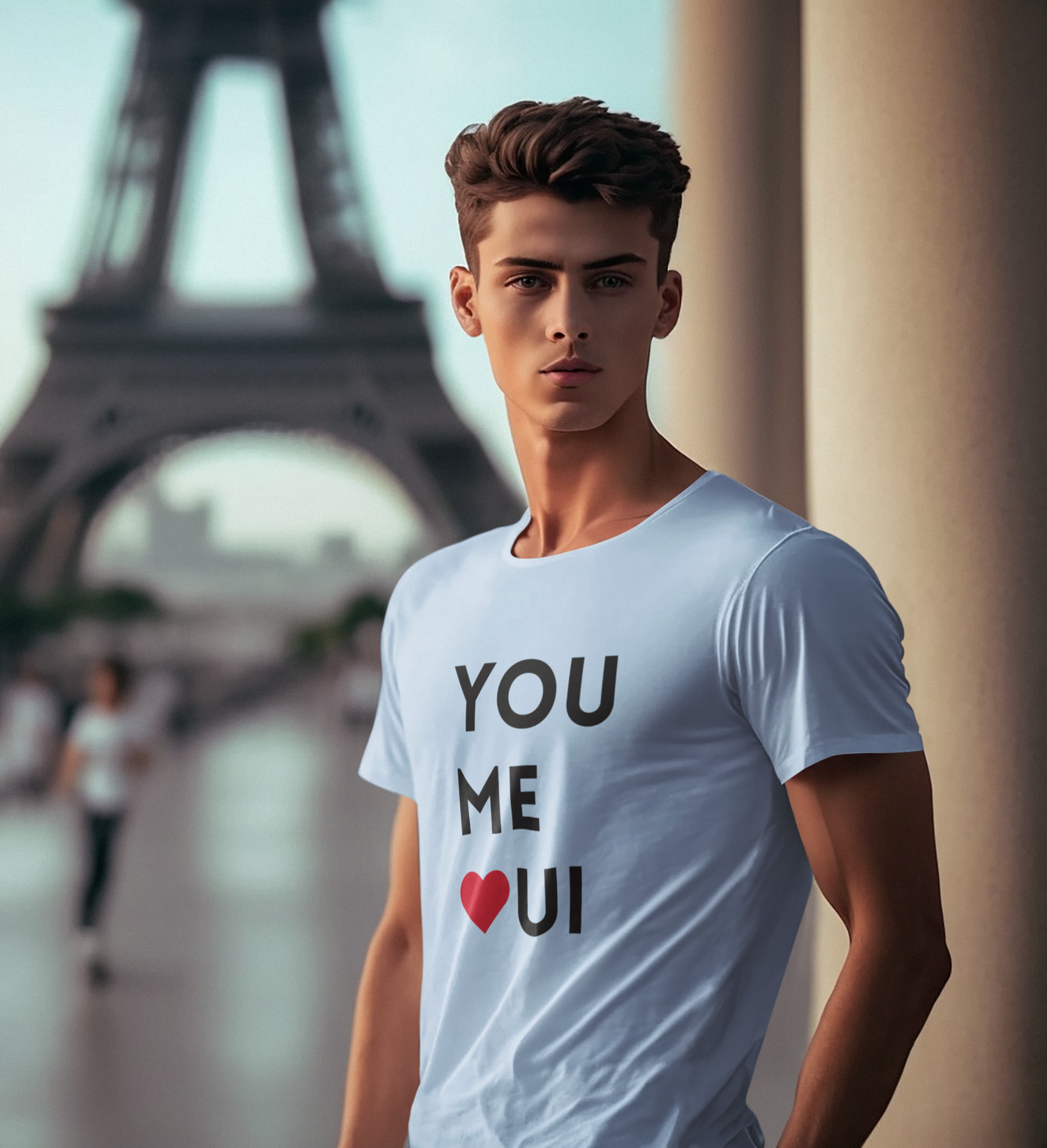 Image-of-a-man-wearing-a-crewneck-t-shirt-with-you-me-oui-printed-on-it-while-posing-in-paris