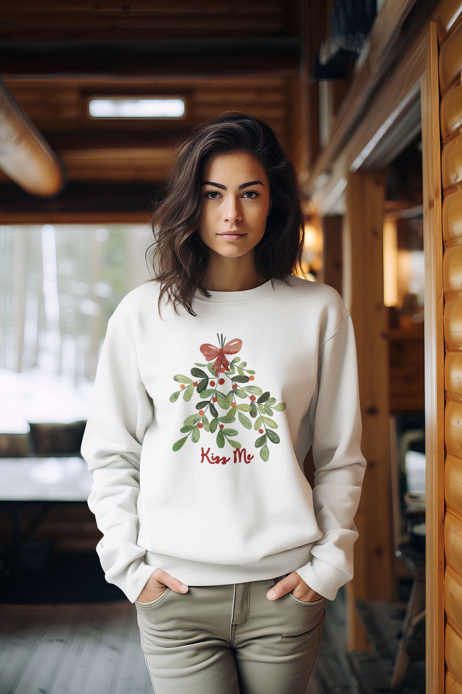 Women standing in cabin wearing a zay la vee design with mistletoe that says kiss me