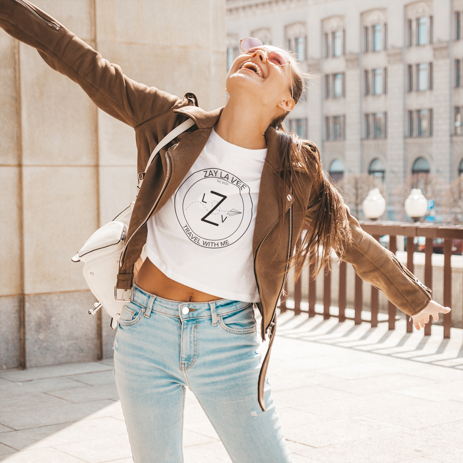 Image-of-Zay-La-Vee-Logo-T-shirt-being-worn-by-happy-woman