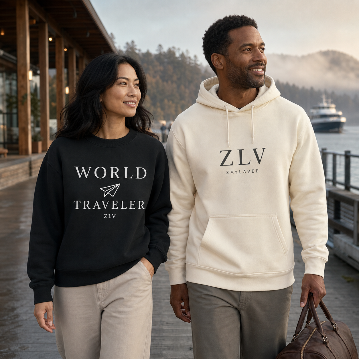 Couple in Zay La Vee World Traveler crewneck and ZLV hoodie on a lakeside dock