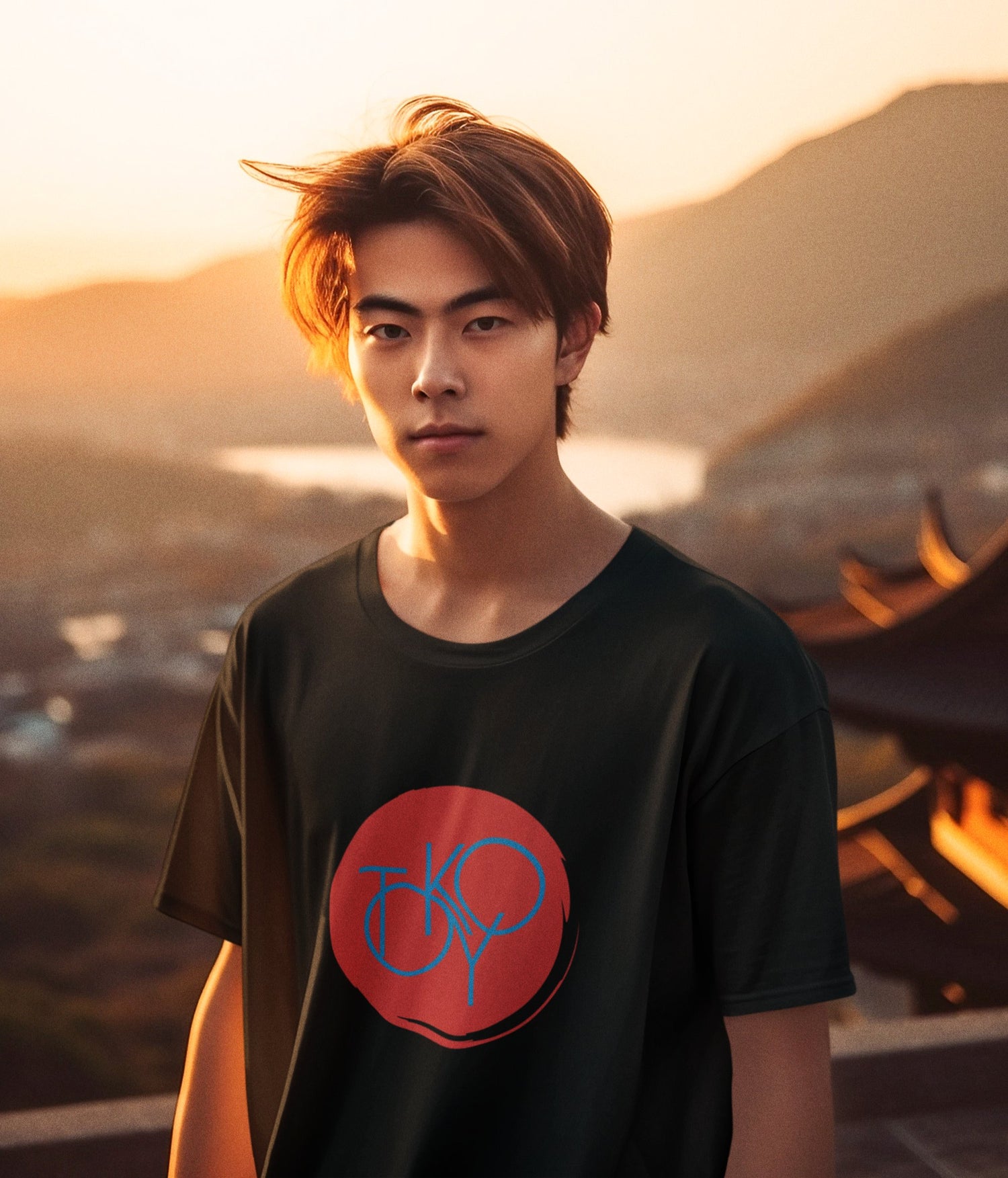 Asian man wearing a black t-shirt with a red sun and the stylized font that says Tokyo