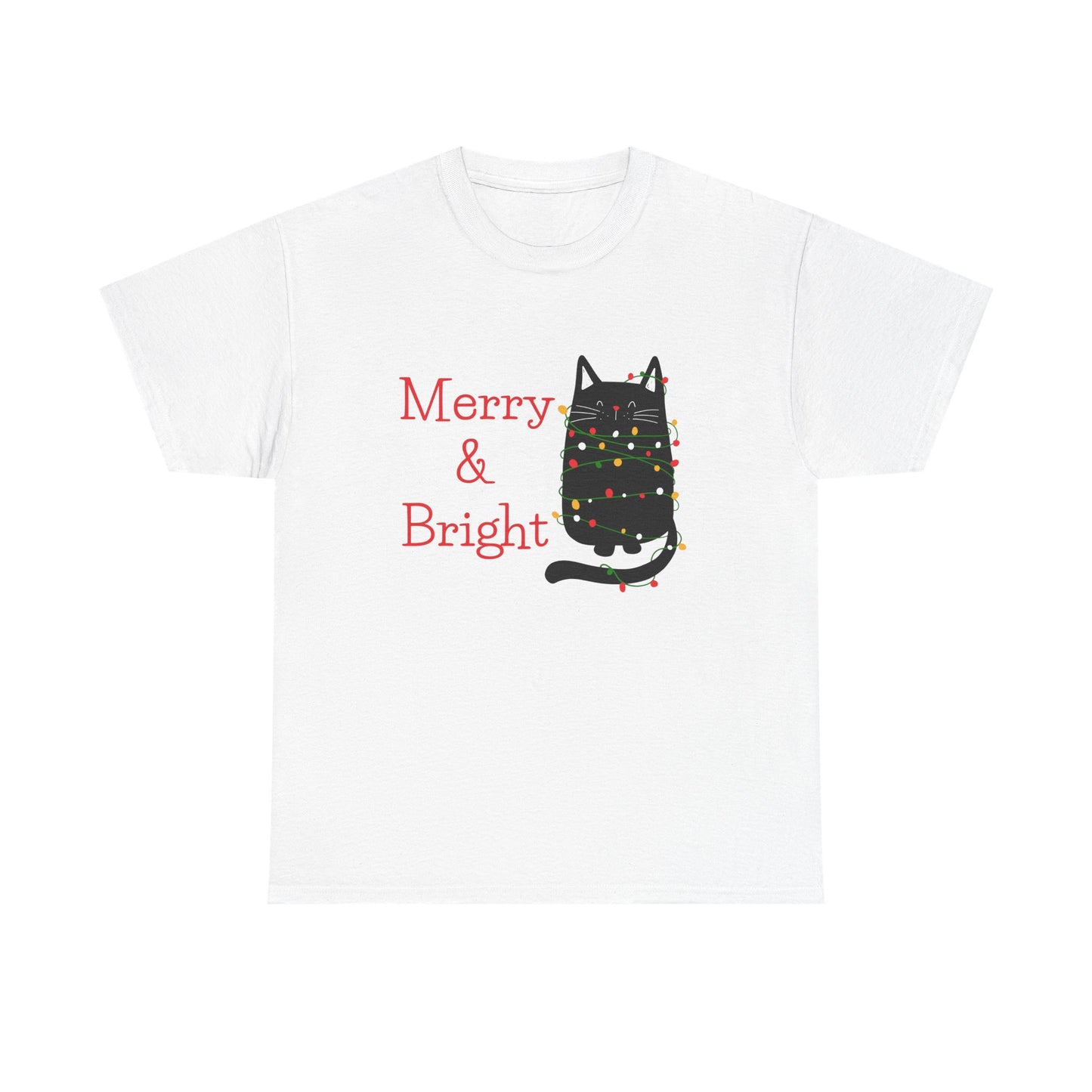 White t-shirt with a black cat wearing a Christmas tree, 'Merry & Bright' text on a white background