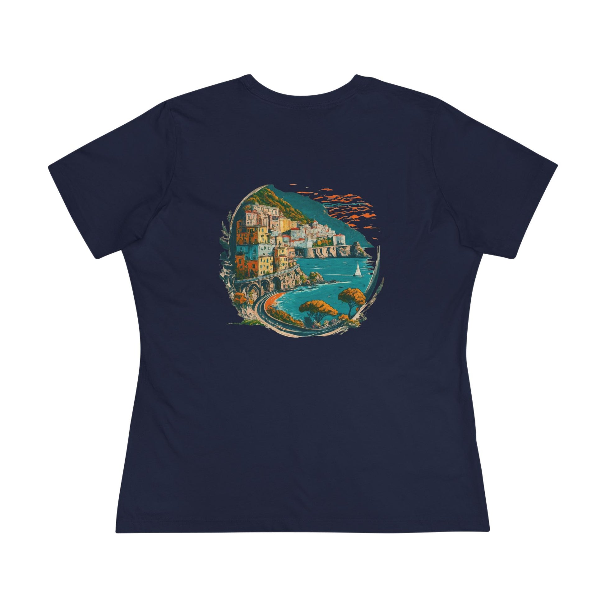 Navy blue t-shirt with a colorful graphic of a coastal town on a white background