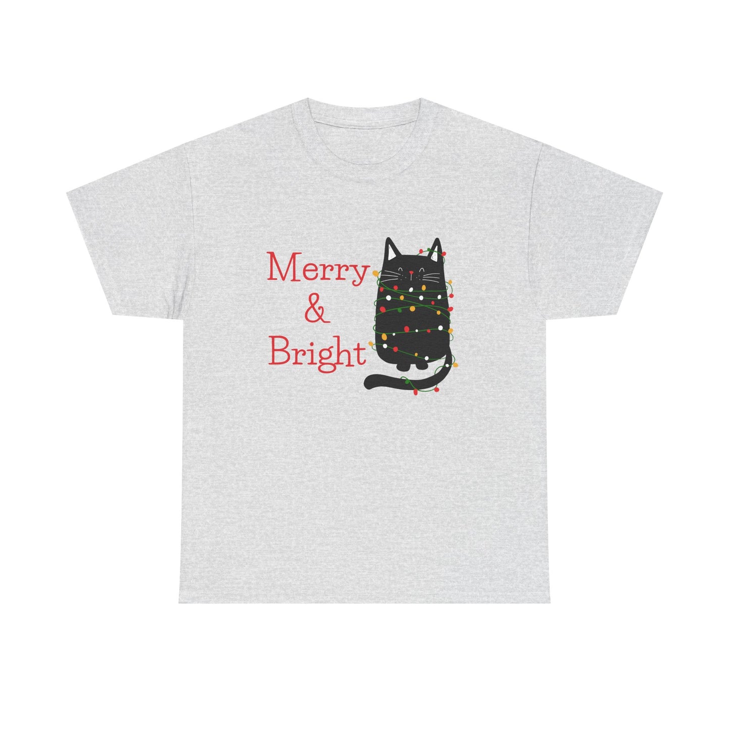 Gray t-shirt with a black cat wearing a Christmas tree, 'Merry & Bright' text on a white background