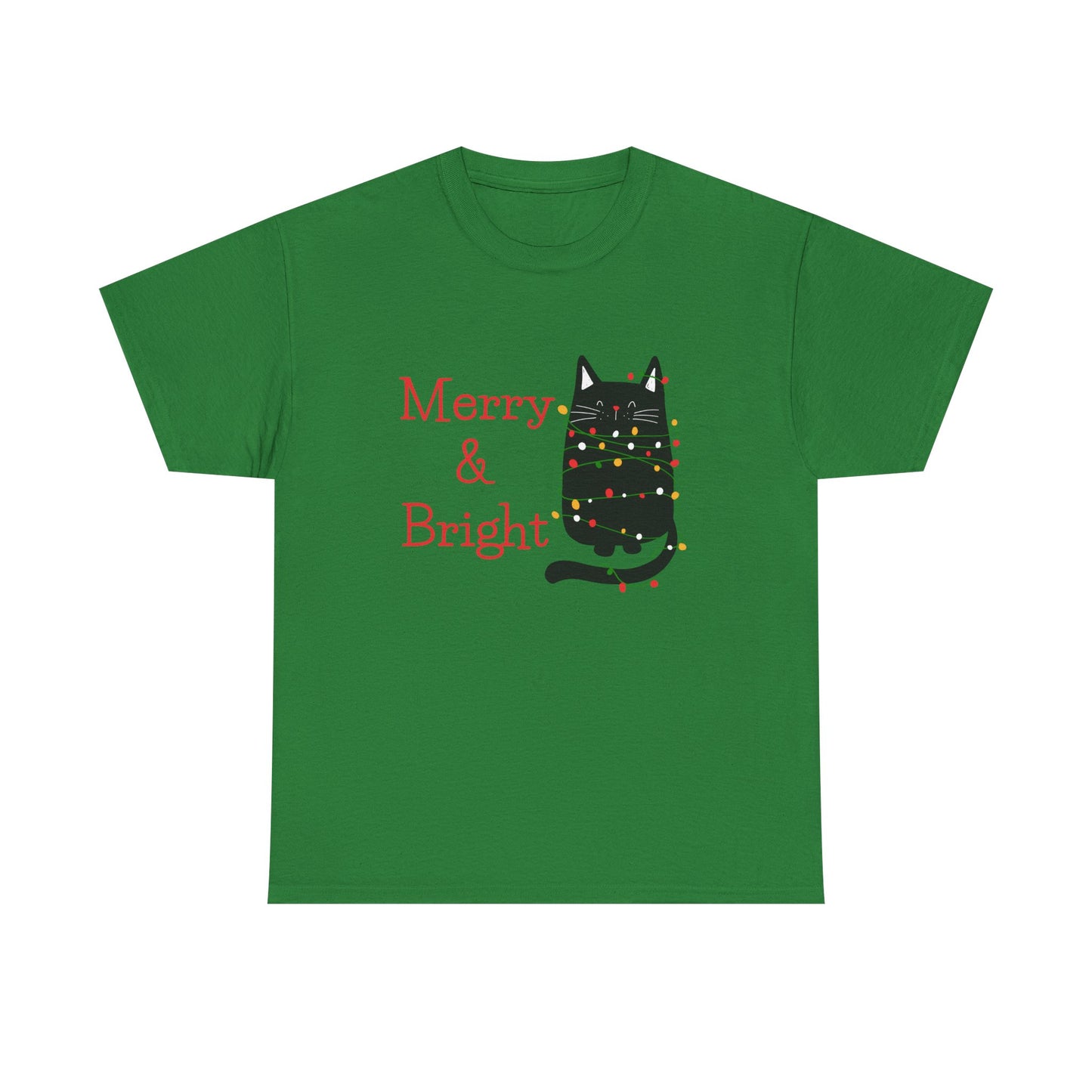 Green t-shirt with a black cat wearing Christmas lights and 'Merry & Bright' text on a white background