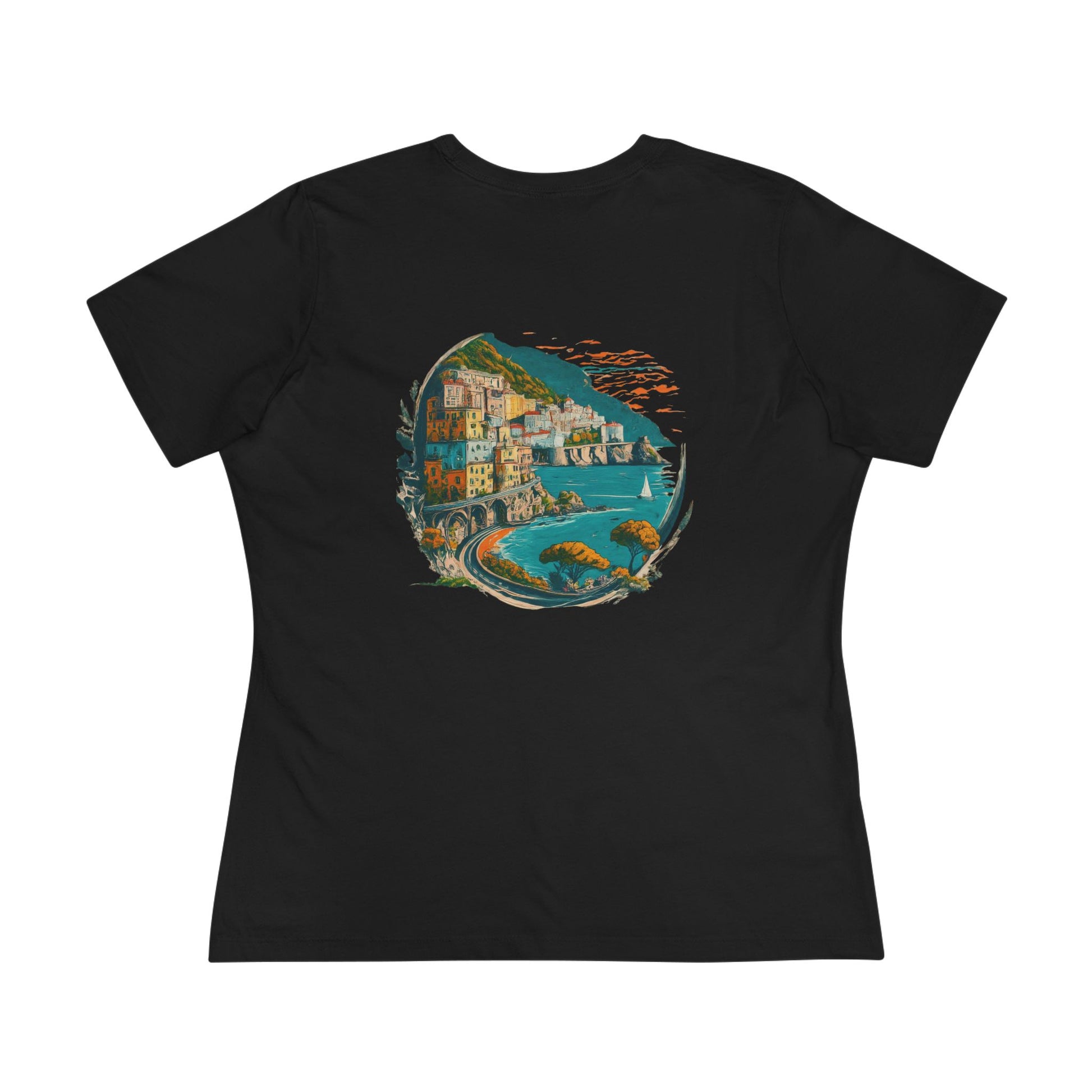 Black t-shirt with a colorful graphic of a mountain village on a white background