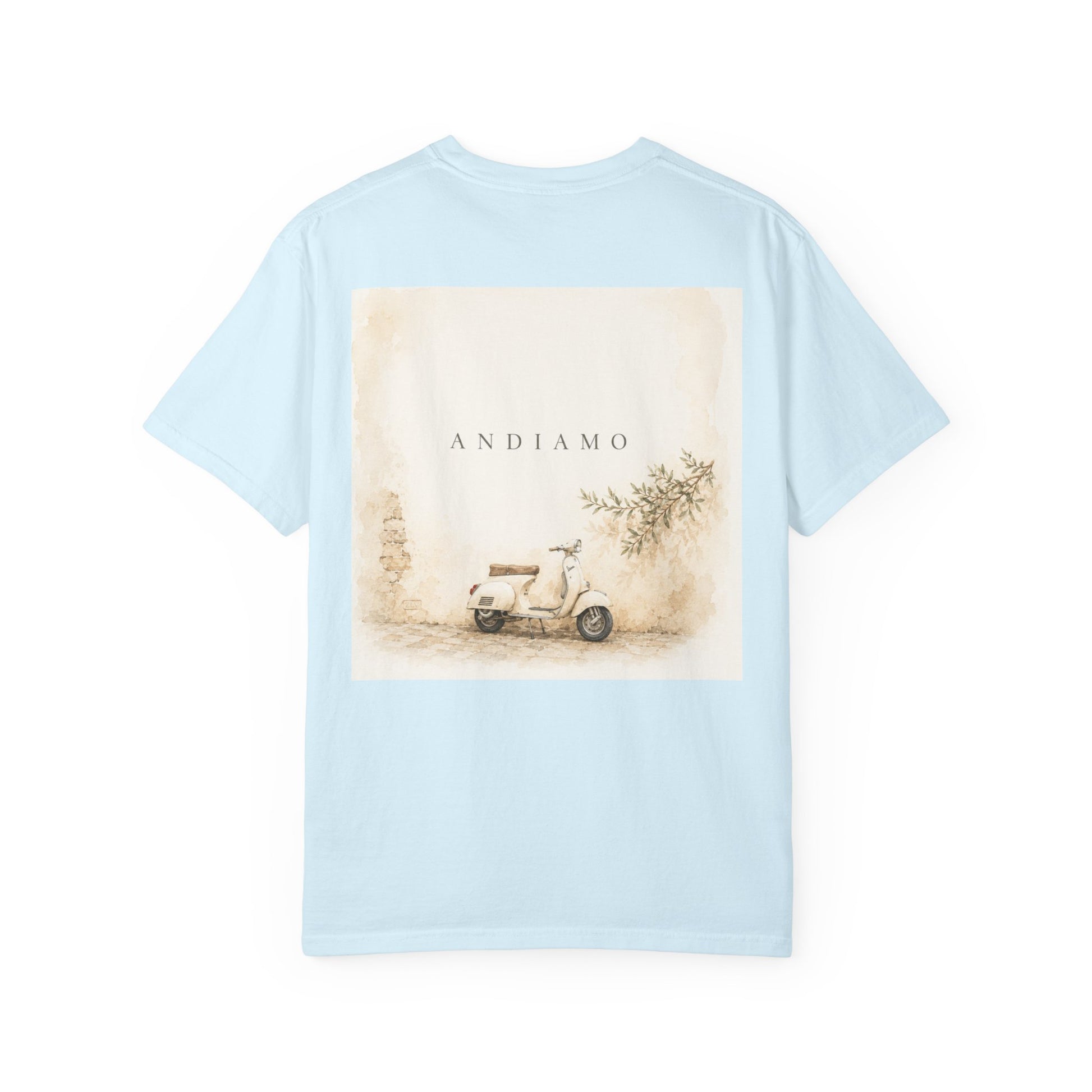 Italy Vespa Andiamo travel graphic t-shirt, full garment view