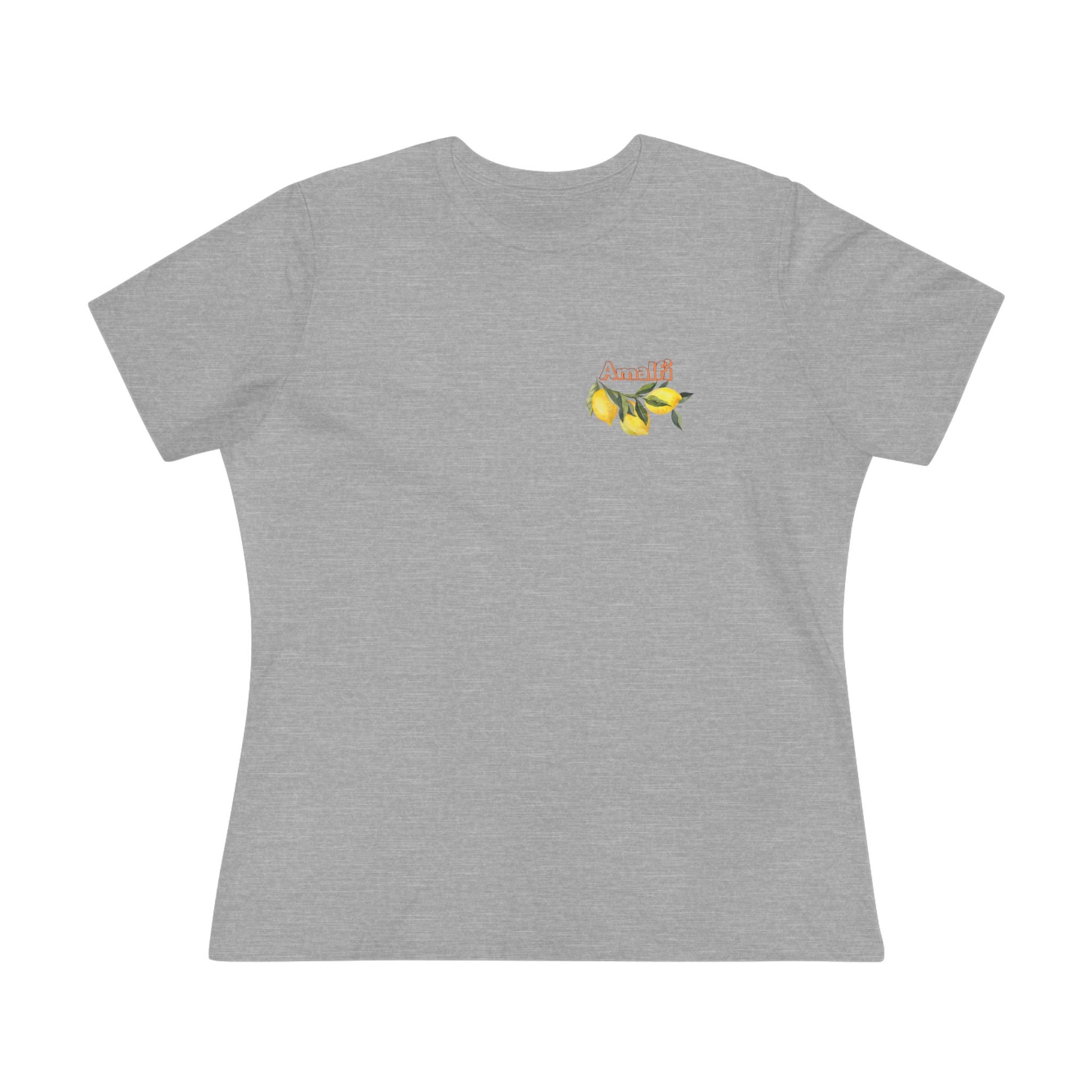 Gray t-shirt with a small logo on the chest against a white background