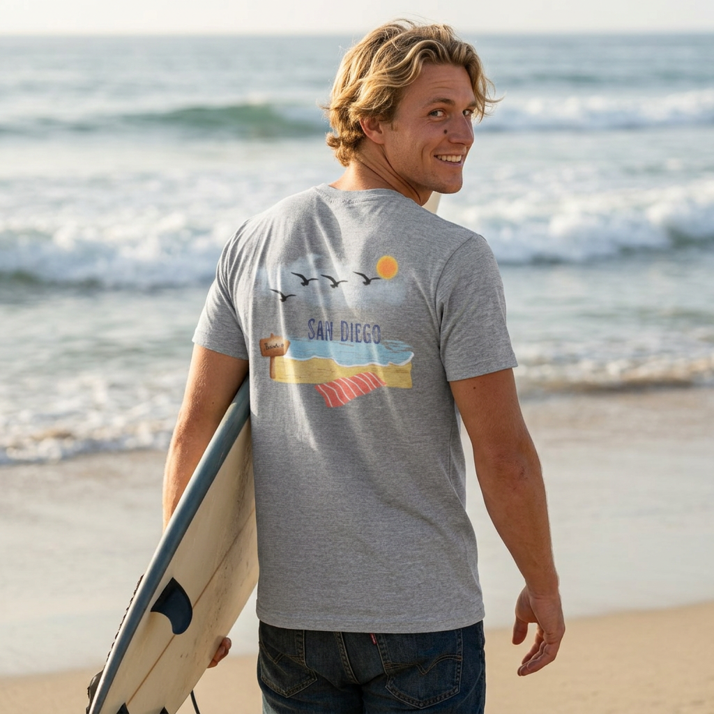 San Diego beach surfboard graphic t-shirt