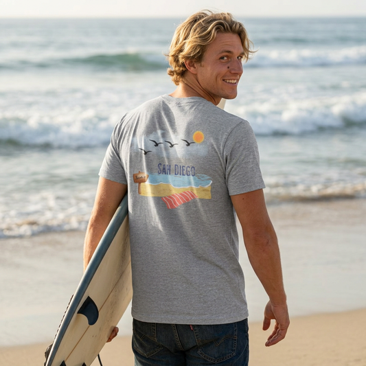 San Diego beach surfboard graphic t-shirt