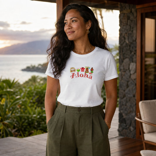 Aloha Hawaii graphic women's t-shirt with tropical symbols