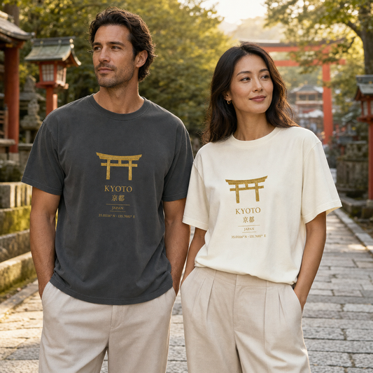 Kyoto Torii shrine gate graphic garment-dyed vintage-wash t-shirt