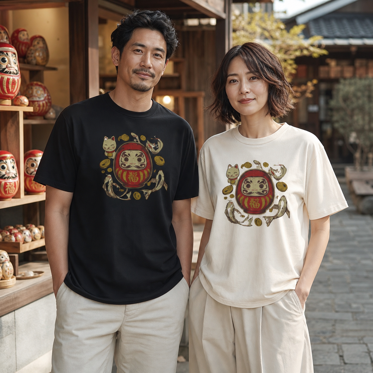 Japan vintage lucky Daruma and koi graphic t-shirt