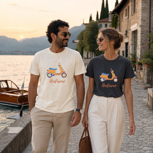Andiamo Italia graphic t-shirt with yellow scooter design, unisex