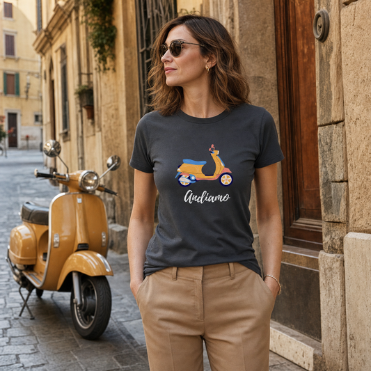 Andiamo Italy graphic women's t-shirt with yellow scooter design