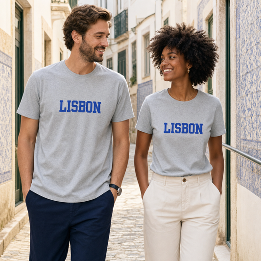 Lisbon Portugal block-lettered graphic travel t-shirt
