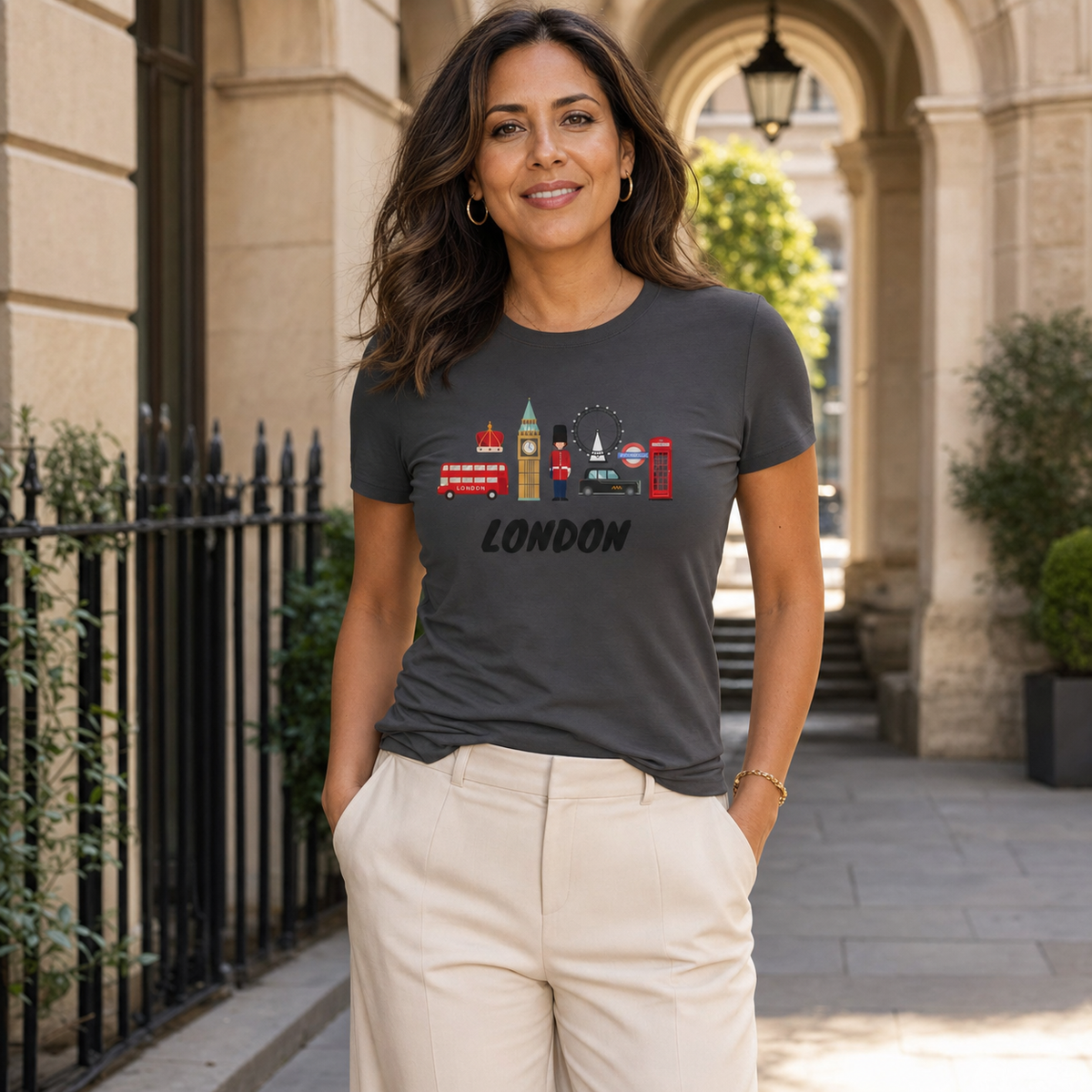 London icons graphic women's t-shirt featuring Big Ben and London Eye