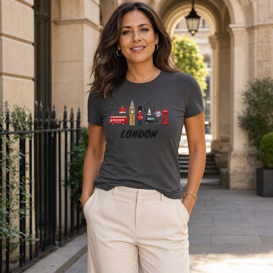 London icons graphic women's t-shirt featuring Big Ben and London Eye