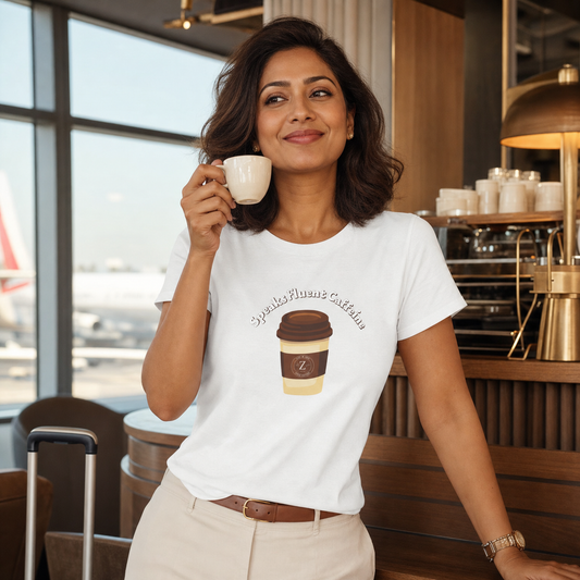 Coffee takeout cup 'Speaks Fluent Caffeine' graphic women's t-shirt