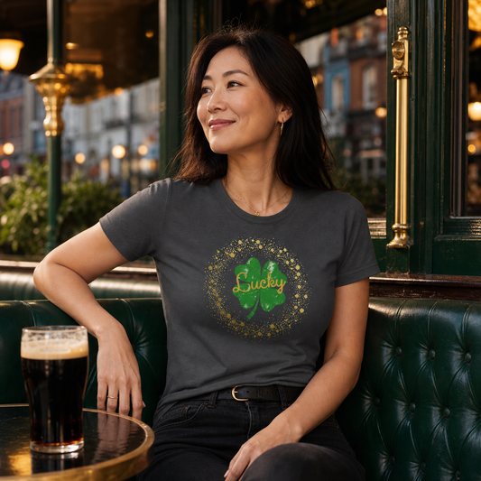 Lucky sparkly shamrock clover graphic women's t-shirt