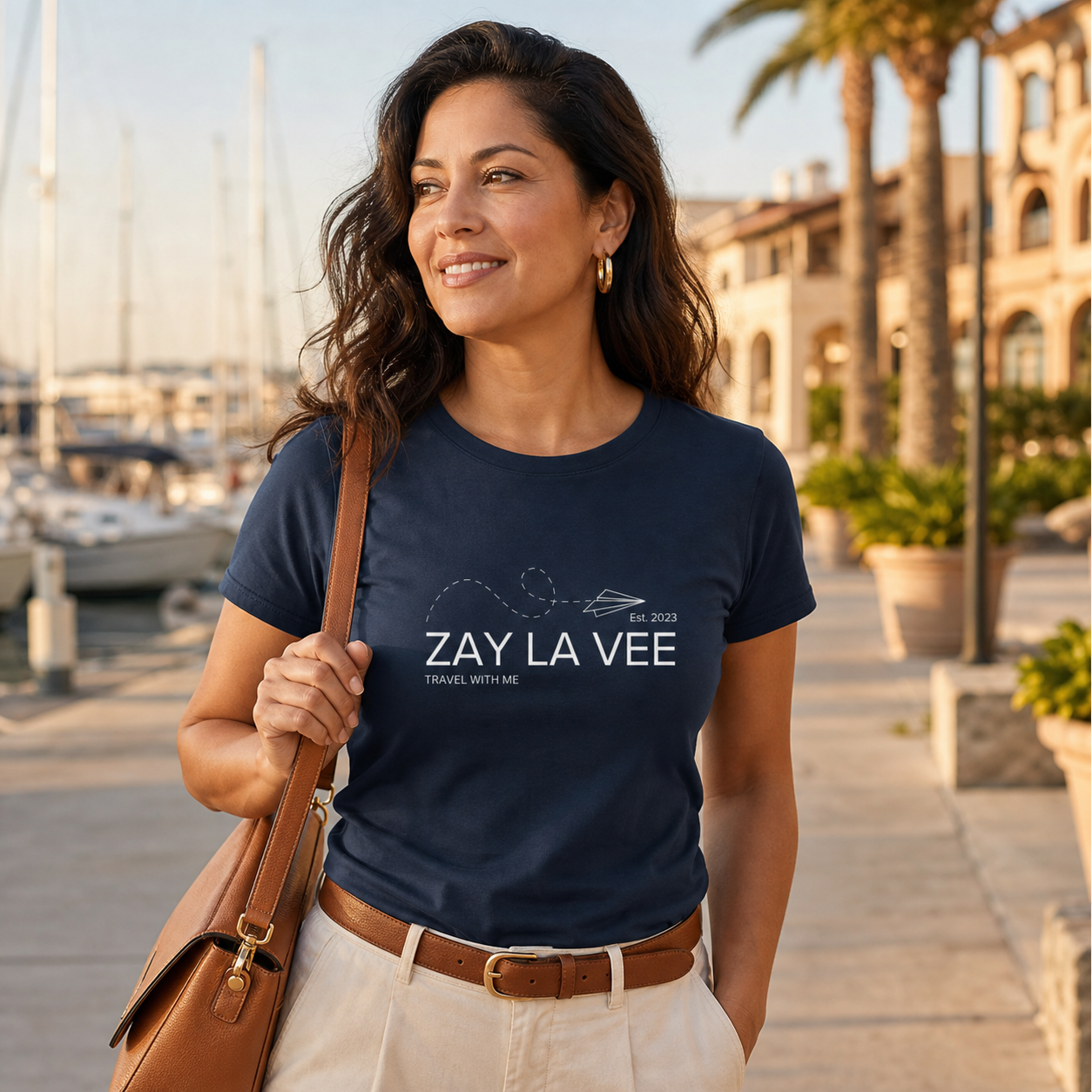 Zay La Vee flat logo graphic on a women's crewneck t-shirt