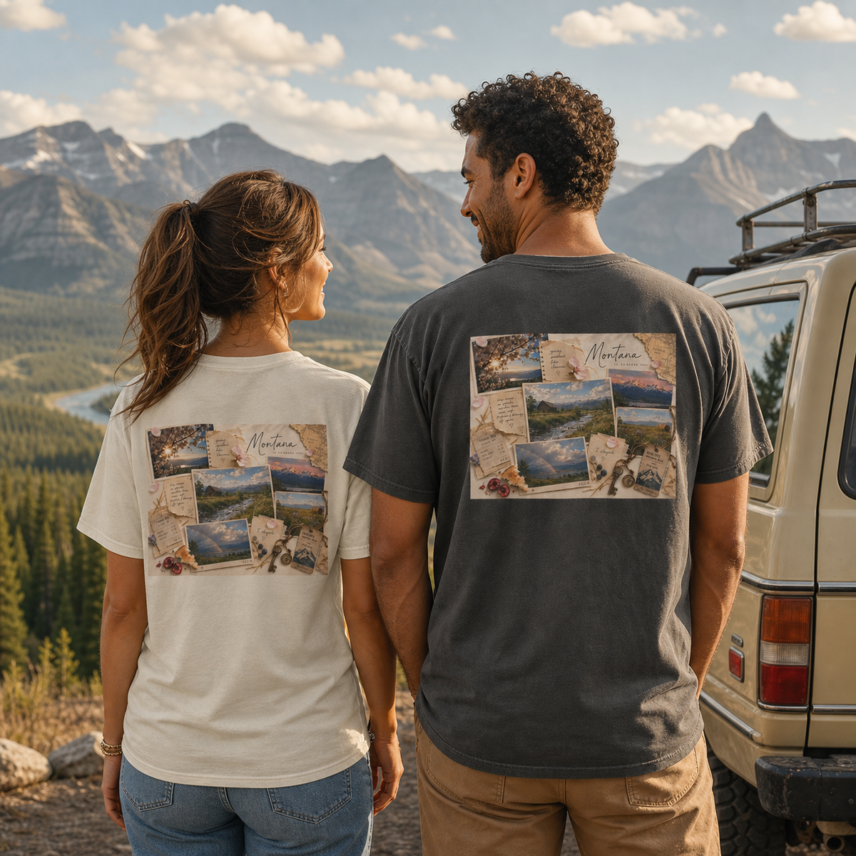 Montana travel collage t-shirt, garment-dyed cotton detail