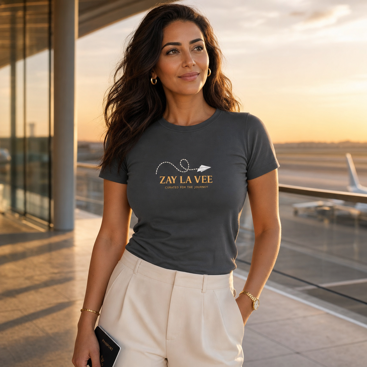 Zay La Vee signature paper-plane logo women's t-shirt, asphalt