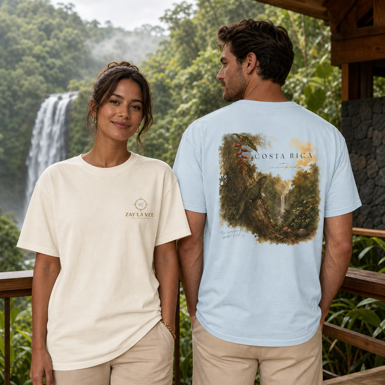 Costa Rica rainforest waterfall back-print t-shirt worn by two models