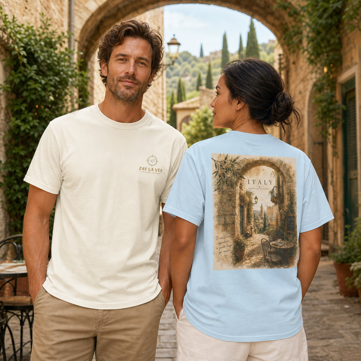 Italy Tuscan village archway back-print t-shirt, ivory