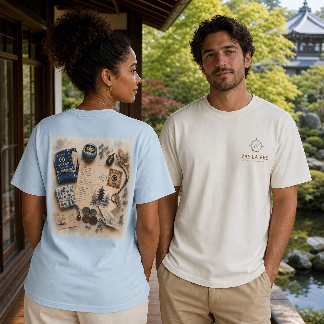 Japan Daruma travel-journal collage back-print t-shirt worn by two models