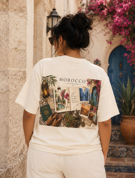 Morocco vintage postcard collage t-shirt worn by a model
