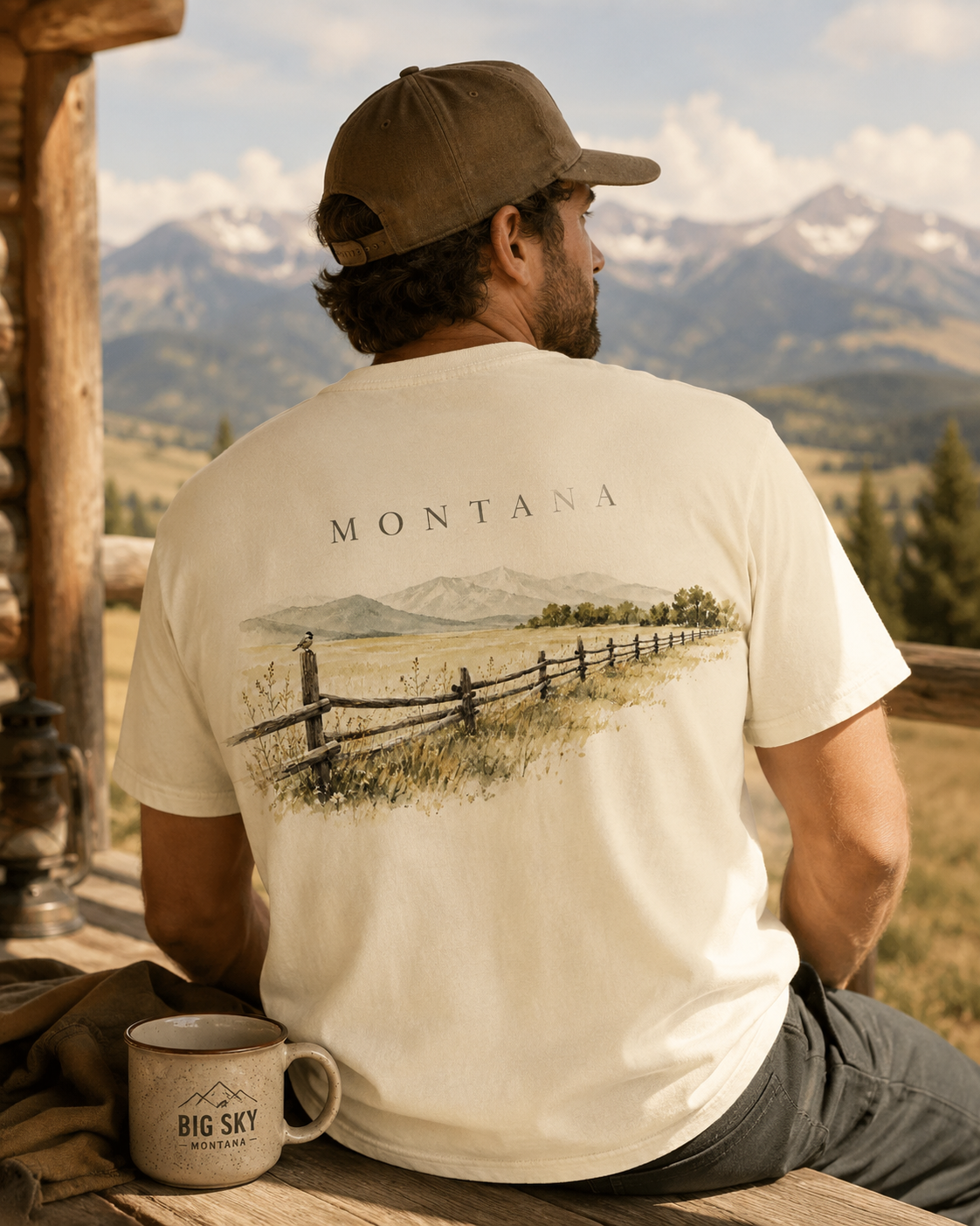 Montana rustic landscape back-print t-shirt worn by a model