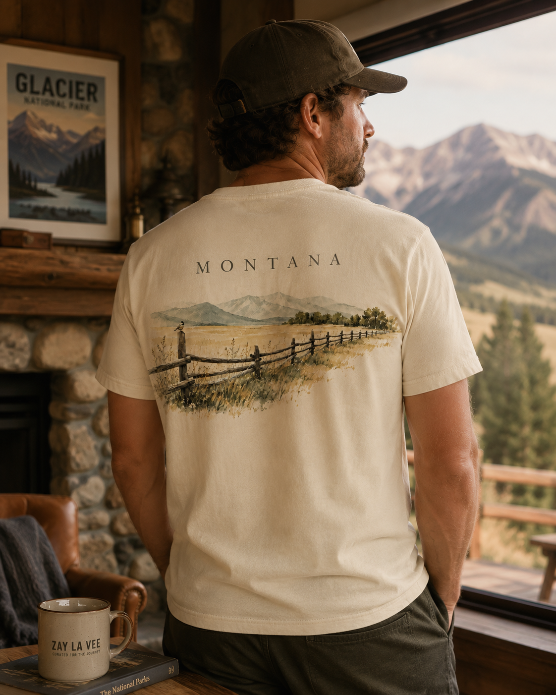 Montana rustic landscape t-shirt back print, weathered fence and open field