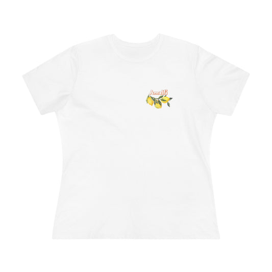 White t-shirt with a small logo on the chest against a white background
