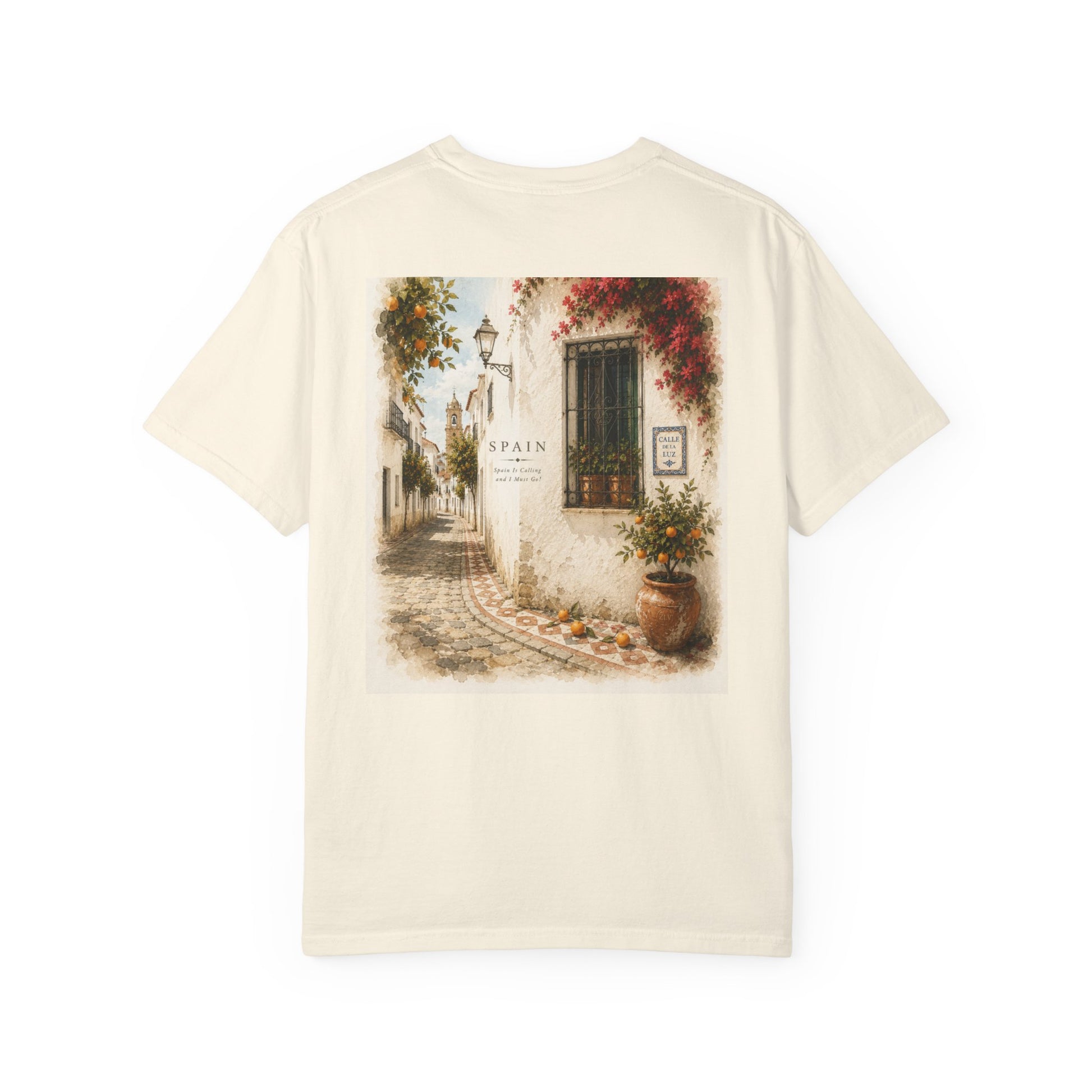 Spain destination graphic t-shirt shown in chambray