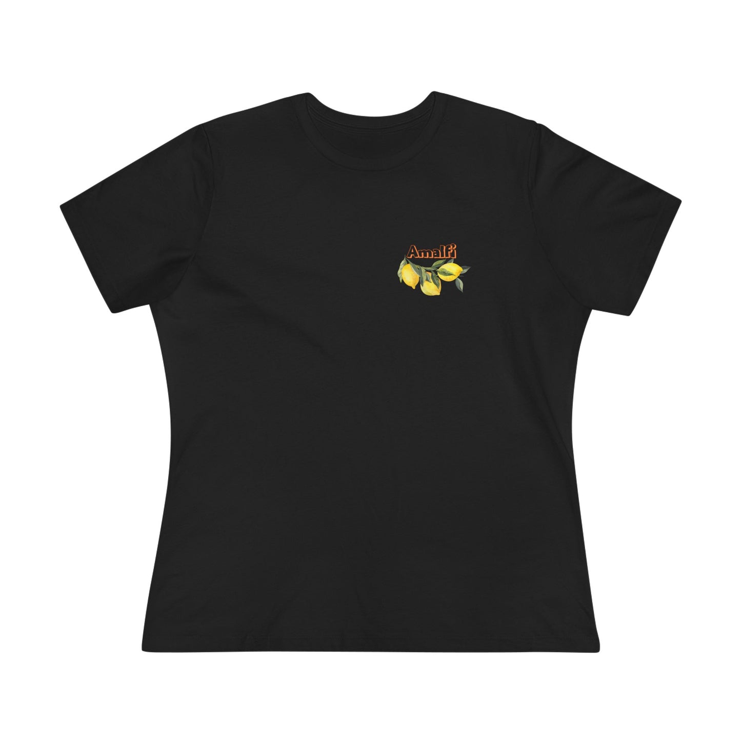 Black t-shirt with a small logo on the chest against a white background