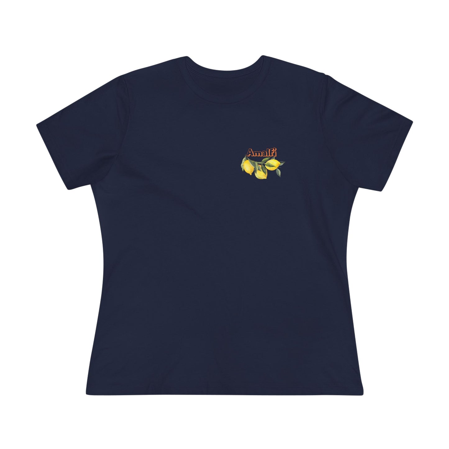 Navy blue t-shirt with a small logo on the chest against a white background