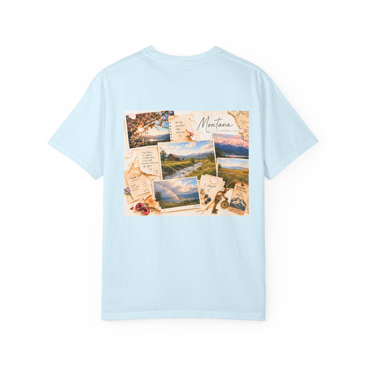 Montana travel collage travel graphic t-shirt, full garment view