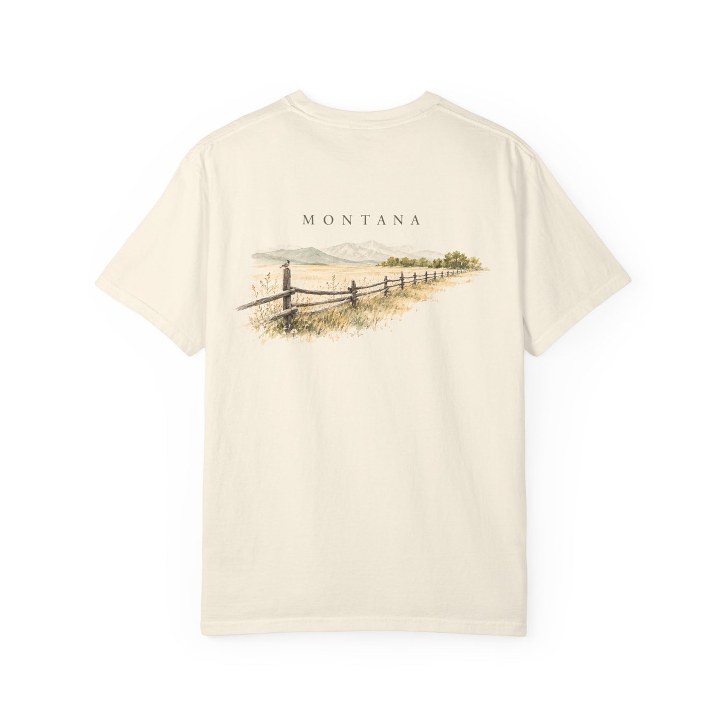 Montana rustic landscape t-shirt shown in an alternate colorway
