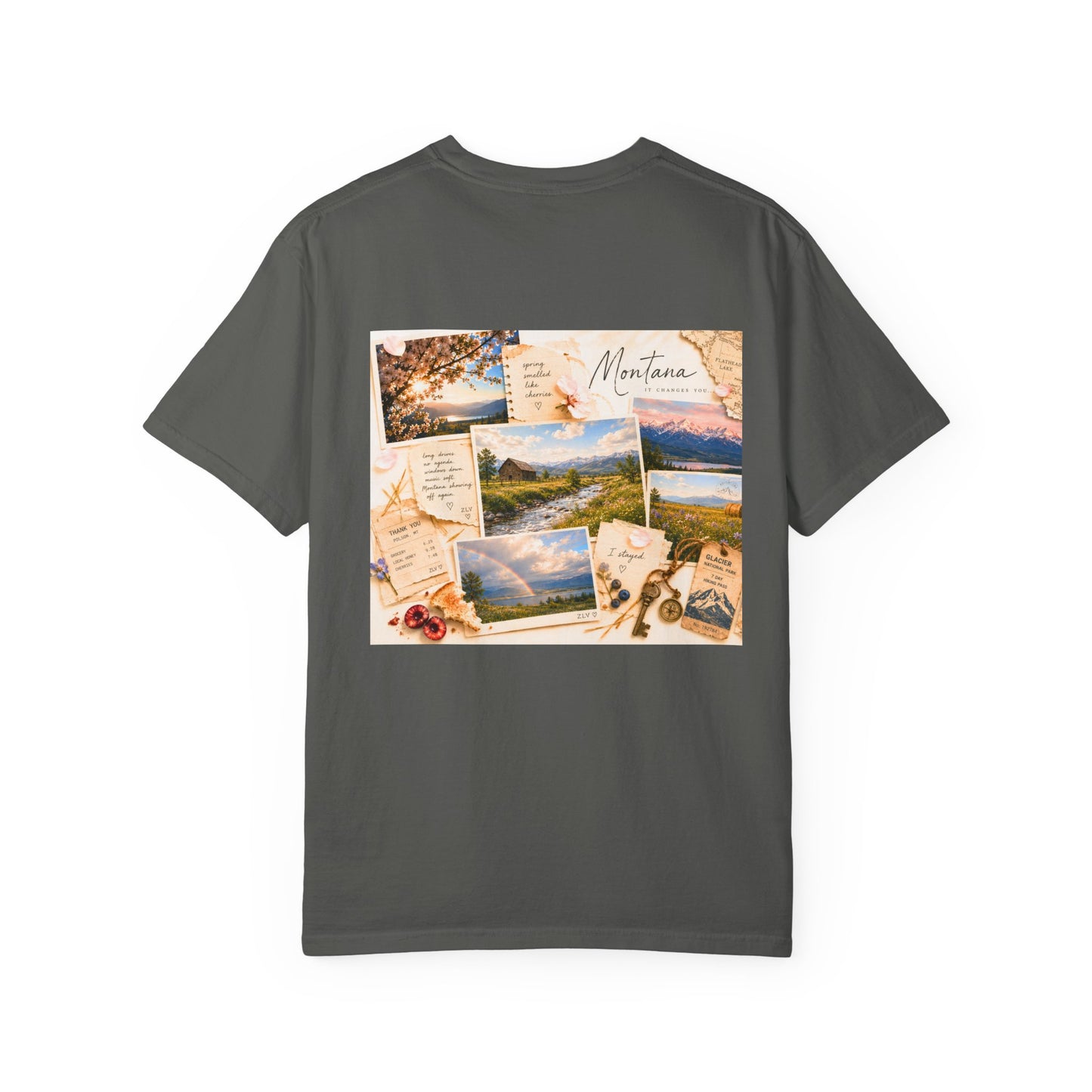 Montana travel collage t-shirt, back print close-up