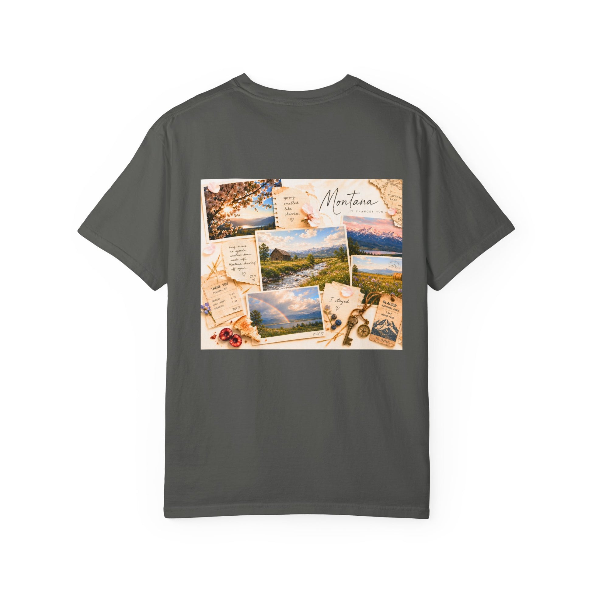 Montana travel collage t-shirt, back print close-up